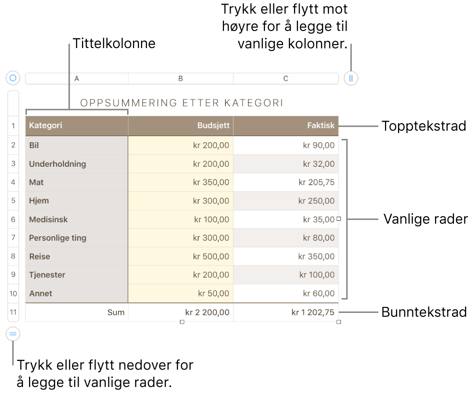 En tabell som viser tittelrader og -kolonner, vanlige rader og kolonner, bunnrader og -kolonner og håndtak for å legge til eller slette rader eller kolonner.