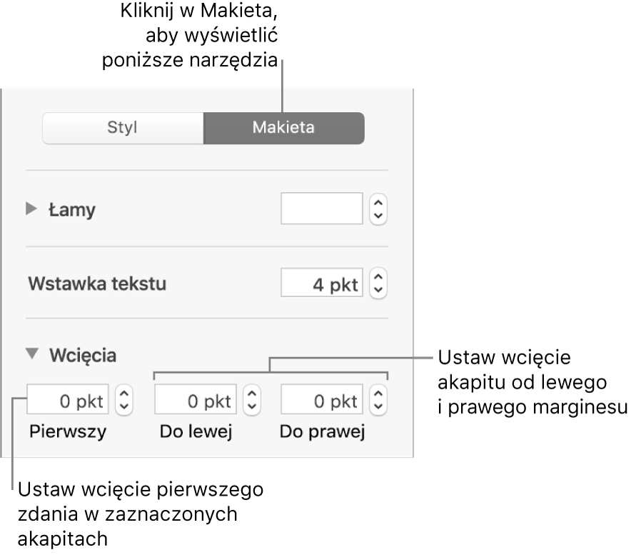 Sekcja Makieta na pasku bocznym Format, zawierająca narzędzia ustawiania wcięcia pierwszego wiersza oraz marginesów akapitu.