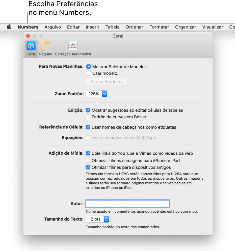 Diálogo Preferências do Numbers mostrando o painel de ajustes Geral.