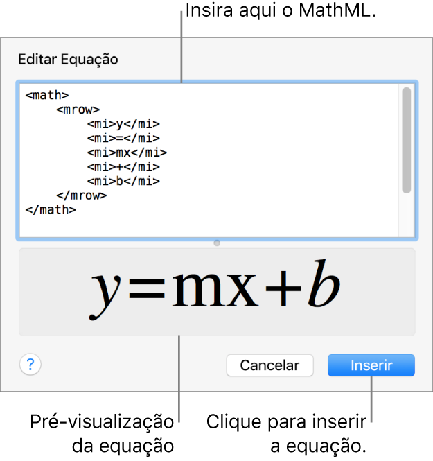 A equação da inclinação de uma linha no campo Editar Equação e uma pré-visualização da fórmula abaixo.
