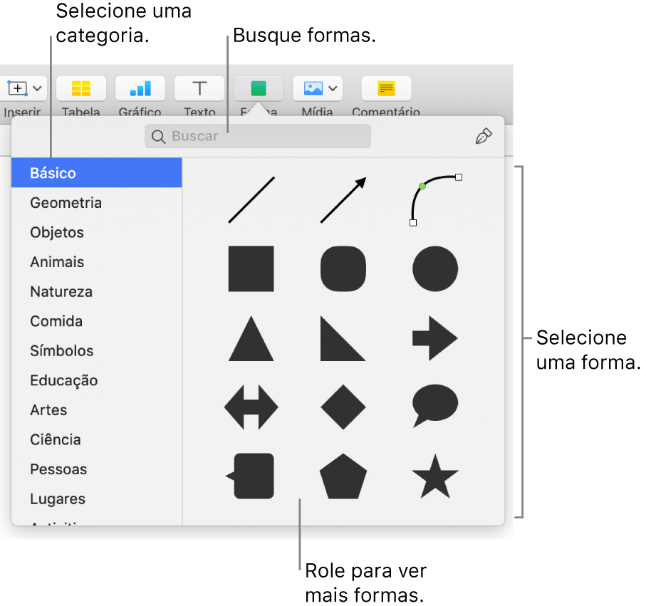 A biblioteca de formas, com categorias listadas à esquerda e formas exibidas à direita. Você pode utilizar o campo de busca na parte superior para encontrar formas e rolar para ver mais.