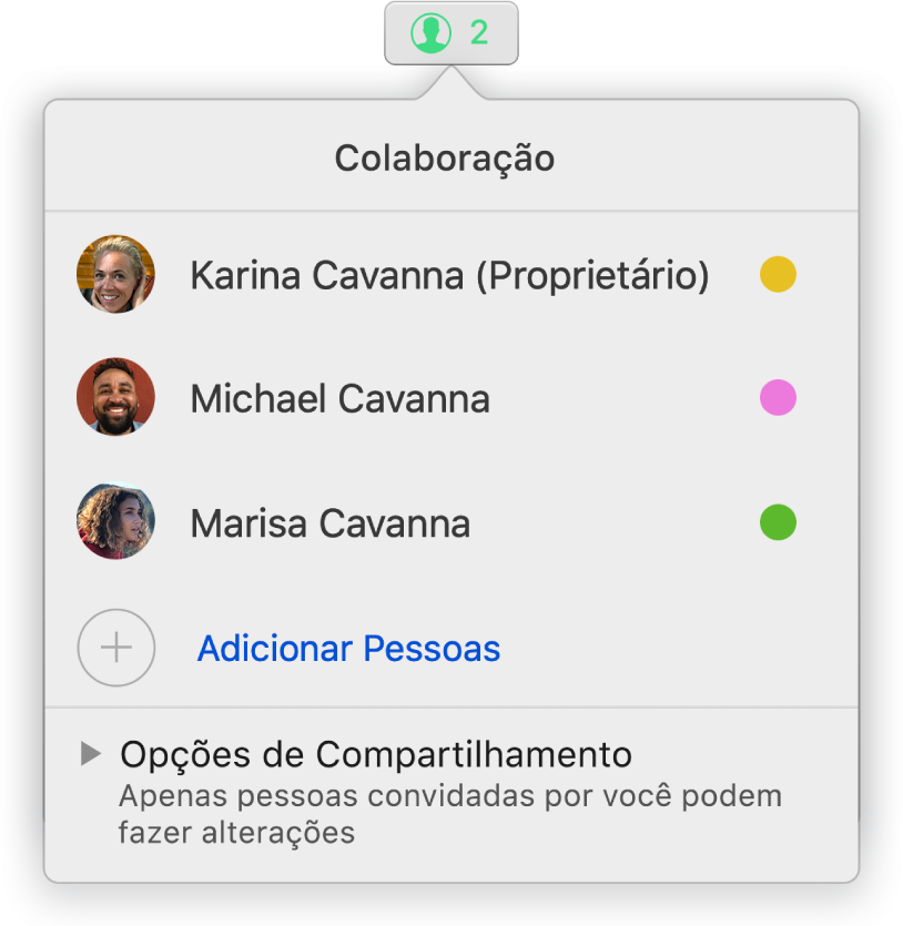 Menu Colaboração mostrando os nomes das pessoas que estão colaborando na planilha. As opções de compartilhamento se encontram abaixo dos nomes.