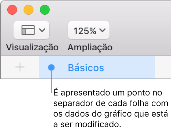 Um separador de folha com um ponto indicando que uma tabela desta folha foi referenciada no gráfico cujos dados está atualmente a editar.