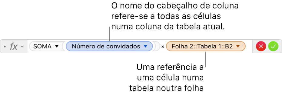 Editor de fórmula a mostrar uma fórmula que faz referência a uma coluna numa tabela e a uma célula noutra tabela.