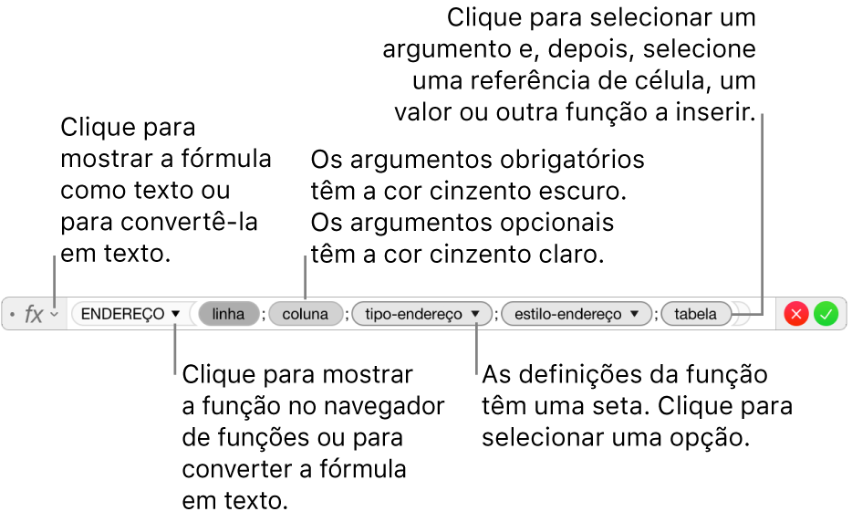 O editor de fórmulas a mostrar a função ENDEREÇO e os respetivos símbolos de argumentos.