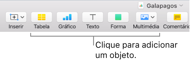 A janela do Numbers com chamadas para os botões de objeto na barra de ferramentas.