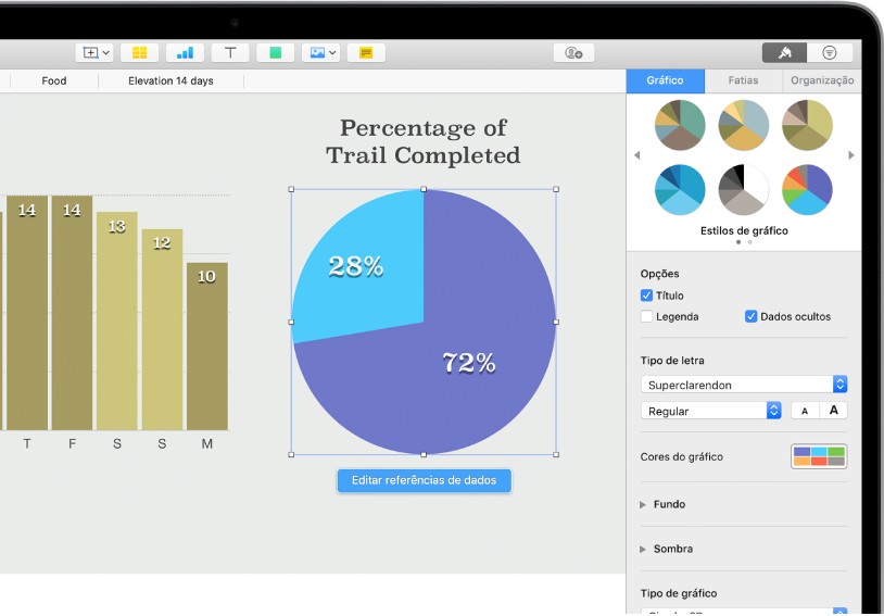 Um gráfico circular com percentagens dos trilhos concluídos. O menu Formatação também está aberto, mostrando diferentes estilos de gráfico à escolha, assim como opções para ativar ou desativar o título ou a legenda do gráfico, mostrar dados ocultos e editar o tipo de letra, as cores e o fundo do gráfico.