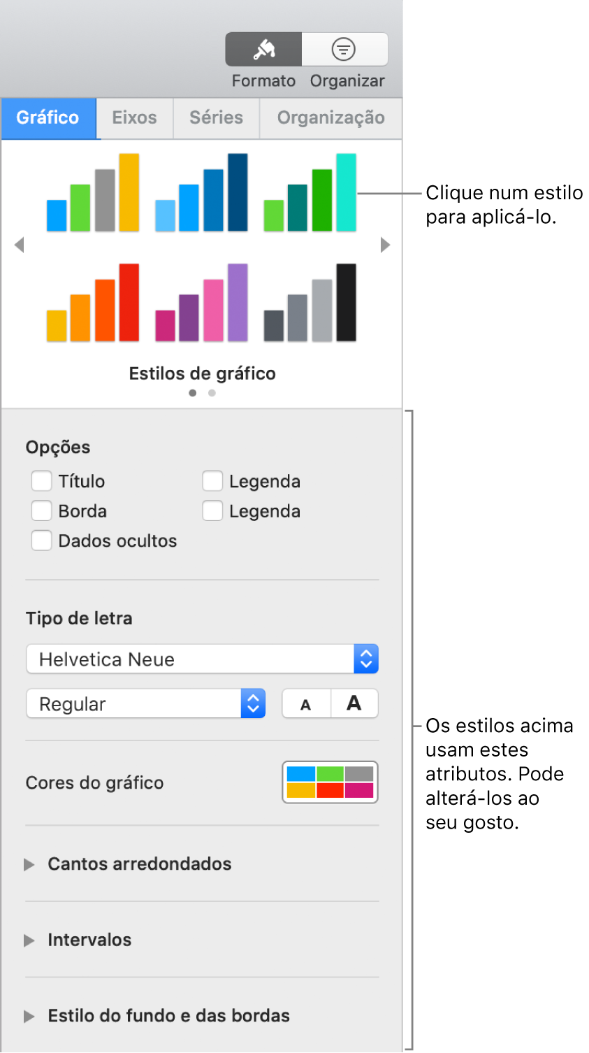 Barra lateral de formatação a mostrar os controlos para formatar gráficos.