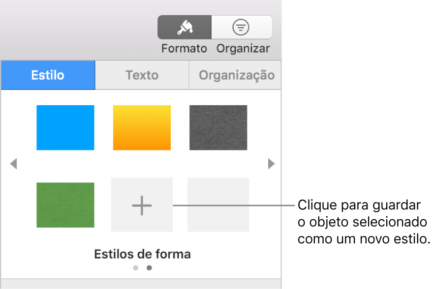 O separador Estilo da barra lateral Formatação com quatro estilos de imagem, um botão “Criar estilo” e um marcador de posição de estilo vazio.