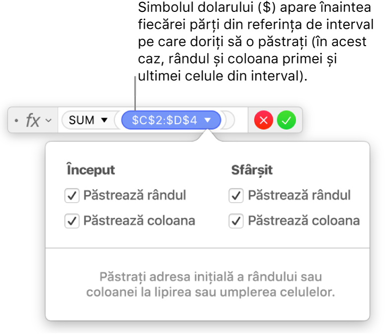 Formulă care afișează referințele păstrate la rând și coloană.