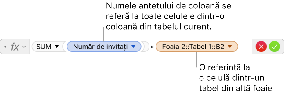 Editorul de formule afișând o formulă care se referă la o coloană dintr-un tabel și o celulă din alt tabel.