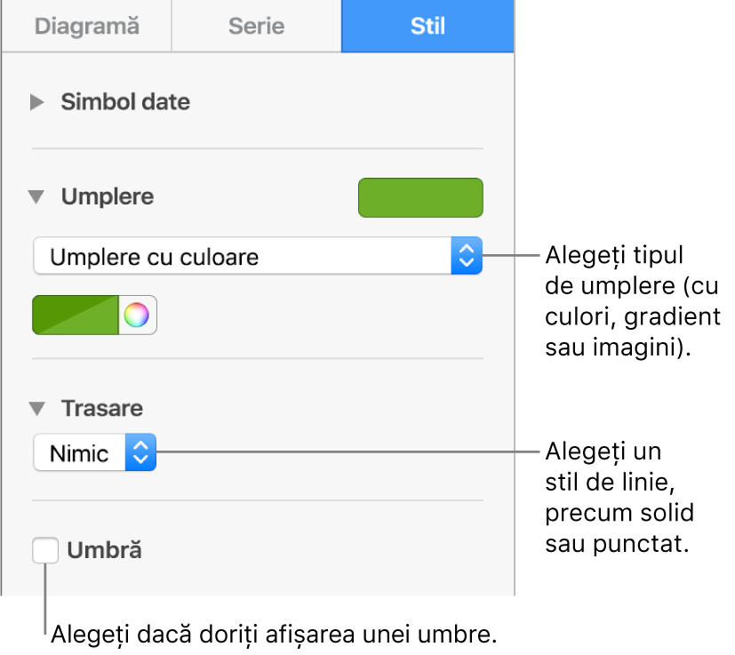 Comenzi pentru modificarea aspectului seriei de date.