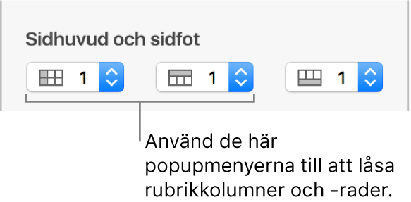 Popupmenyerna för att lägga till rubrik- och sidfotskolumner i en tabell och för att låsa rubrikrader och rubrikkolumner.