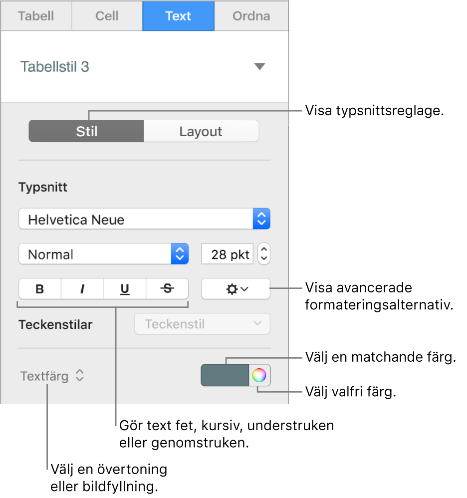 Reglage för tabelltextstilar.