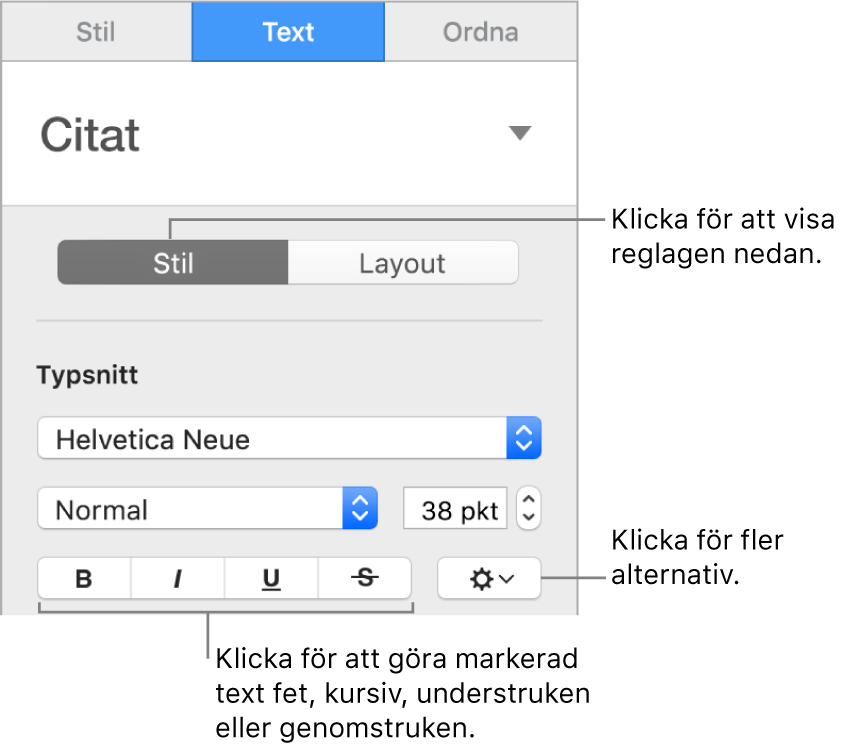 Stilreglagen i sidofältet med pilar som pekar på knapparna för fetstil, kursivering, understrykning och genomstrykning.