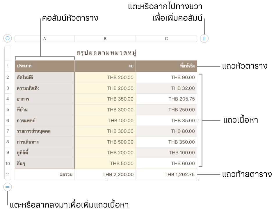 ตารางที่แสดงแถวและคอลัมน์หัวตาราง ตัวตาราง และท้ายตาราง และขอบจับเพื่อเพิ่มหรือลบแถวหรือคอลัมน์