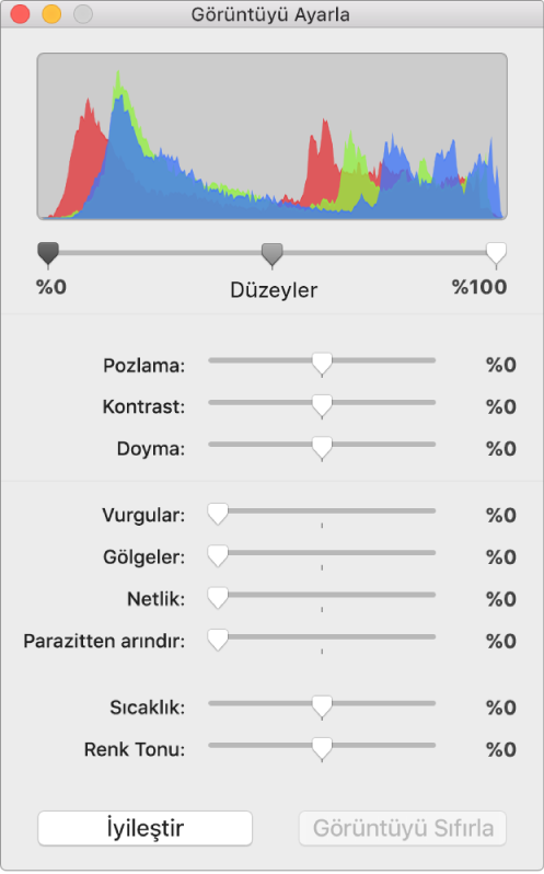 Pozlama, kontrast, doygunluk, vurgu, gölge, netlik, parazitten arındırma, sıcaklık ve renk tonu ayarlama sürgülerinin bulunduğu Görüntüyü Ayarla penceresi.