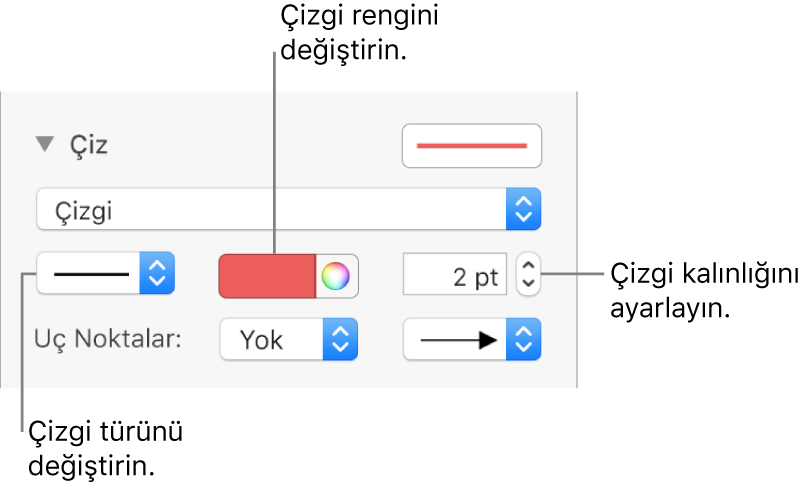 Uç noktaları, çizgi kalınlığını ve rengi ayarlamak için çizgi denetimleri.