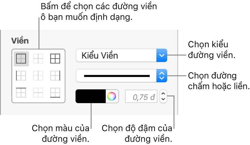 Các điều khiển để tạo kiểu đường viền ô.