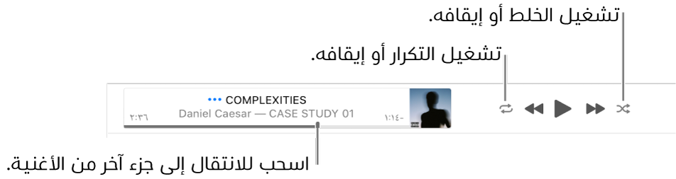 الشعار مع أغنية تعزف. يوجد زر خلط في الزاوية العلوية اليمنى؛ ويوجد زر تكرار في الزاوية العلوية اليسرى. قم بسحب المؤشر للوصول إلى جزء مختلف من الأغنية.