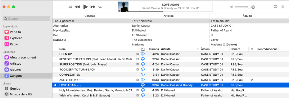 La finestra principal de l’app Música: el navegador de columnes és a la dreta de la barra lateral i a sobre de la llista de cançons.