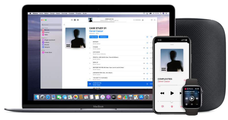 Una cançó reproduint‑se en un Mac, un iPhone i un Apple Watch amb un HomePod.