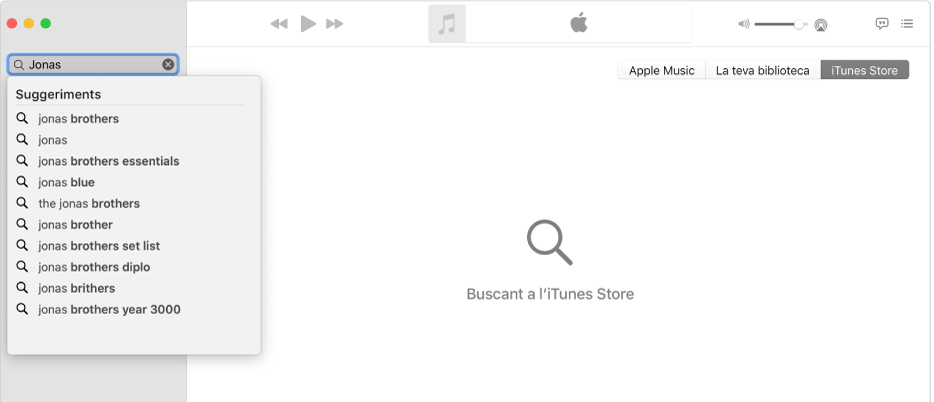 La finestra de l’app Música amb l’iTunes Store seleccionada a l’angle superior dret i “Jonas” al camp de cerca de l’angle superior esquerre. Els resultats suggerits de l’iTunes Store per a “Jonas” es mostren a la llista que hi ha a sota del camp de cerca.