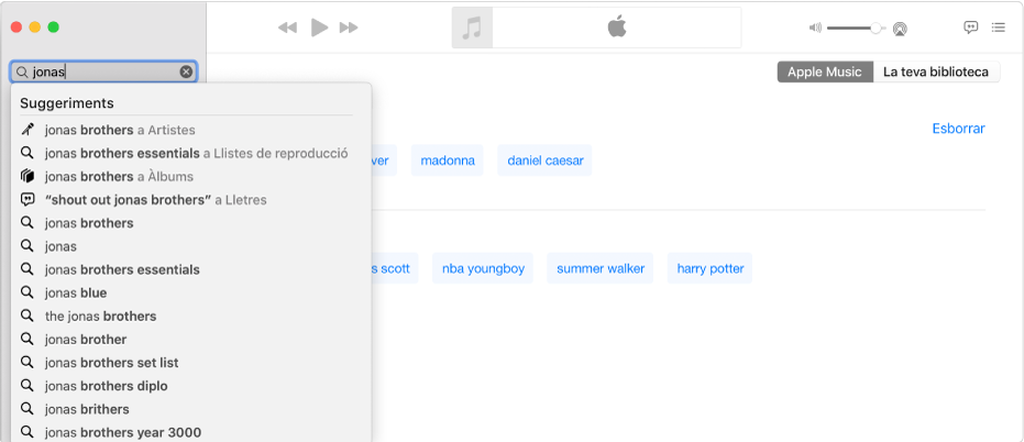 La pantalla de l’app Música amb l’Apple Music seleccionat a la cantonada superior dreta i “Jonas” al camp de cerca a la cantonada superior esquerra. Els resultats suggerits de l’Apple Music per a “Jonas” es mostren a la llista que hi ha a sota del camp de cerca.