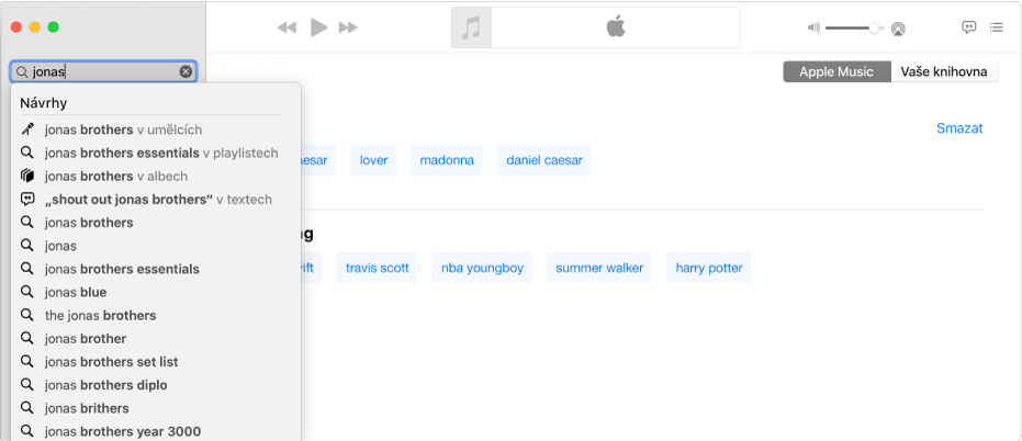 Okno aplikace Hudba, v němž je v pravém horním rohu vybrána služba Apple Music a ve vyhledávacím poli v levém horním rohu zadáno jméno „Jonas“. V seznamu pod vyhledávacím polem jsou zobrazeny výsledky hledání Apple Music pro výraz „Jonas“.