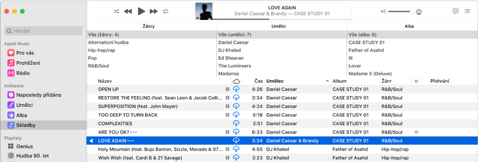 Hlavní okno aplikace Hudba. Sloupcový prohlížeč se nachází nad seznamem skladeb, vpravo od bočního panelu.