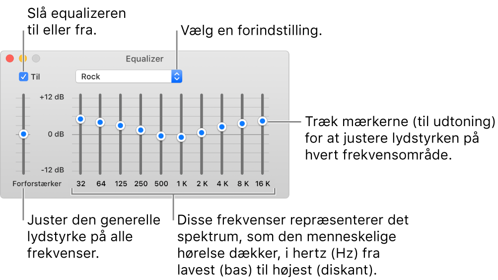 Equalizer-vinduet: Afkrydsningsfeltet, der bruges til at slå Musik-equalizeren til, er anbragt i øverste venstre hjørne. Ved siden af findes lokalmenuen med forindstillinger til equalizeren. Yderst til venstre kan du justere den generelle lydstyrke med forforstærkeren Under forindstillingerne til equalizeren kan du justere lydniveauet på de forskellige frekvensområder, der repræsenterer det spektrum fra det laveste til det højeste, som det menneskelige øre kan opfatte.