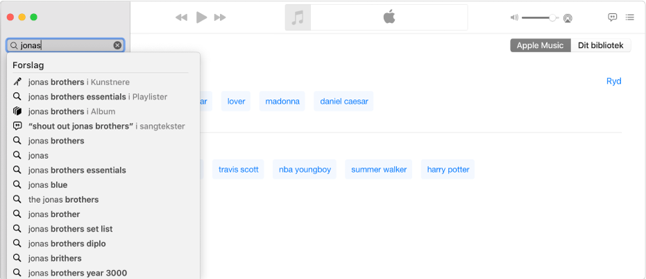Musik-skærmen, som viser Apple Music valgt i øverste højre hjørne, og “Jonas” indtastet i søgefeltet i øverste venstre hjørne. Foreslåede Apple Music-resultater for “Jonas” vises på listen under søgefeltet.
