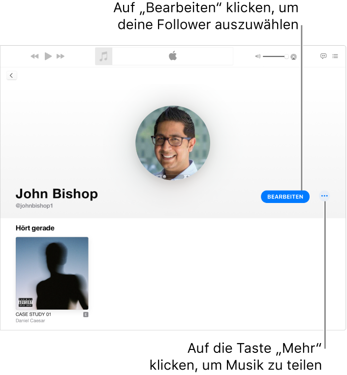 Die Profilseite in Apple Music: Klicke auf der rechten Fensterseite auf „Bearbeiten“, um festzulegen, wer dir folgen kann. Klicke rechts neben „Bearbeiten“ auf die Taste „Mehr“, um deine Musik zu teilen.