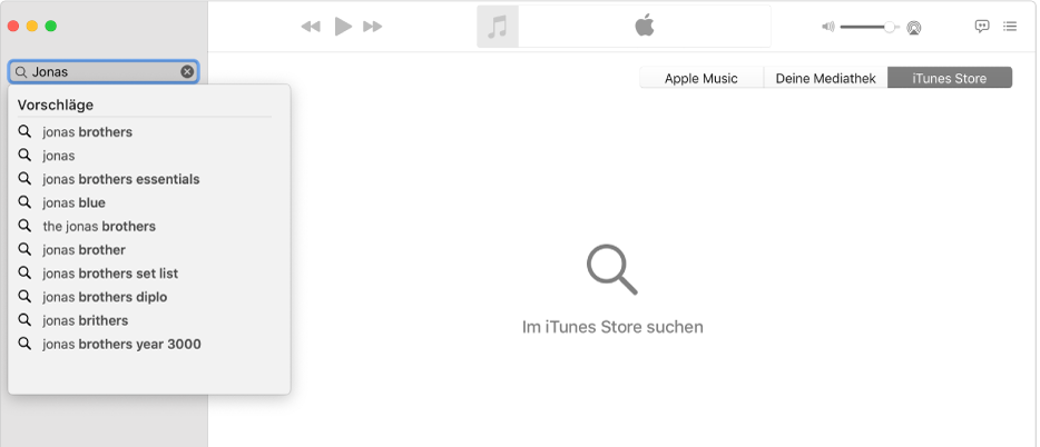 Das Musik-Fenster wird angezeigt, iTunes Store ist oben rechts ausgewählt und „Jonas“ wurde oben links in das Suchfeld eingegeben. Die vorgeschlagenen iTunes Store-Ergebnisse für „Jonas“ werden in der Liste unter dem Suchfeld angezeigt.