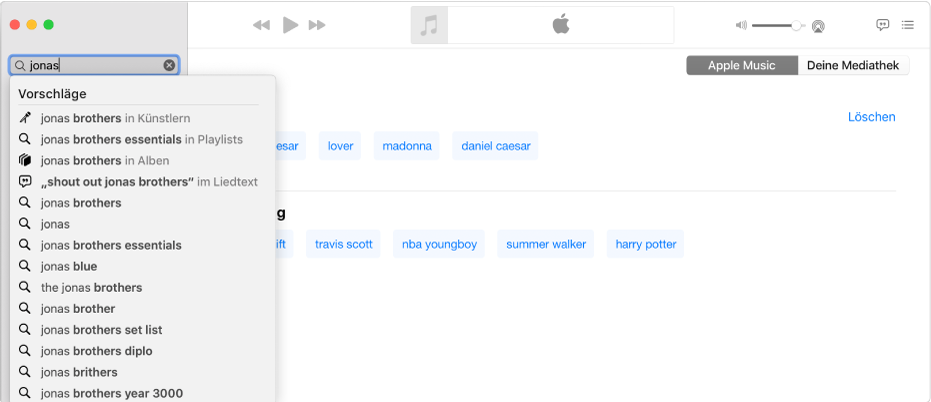 Der Bildschirm „Musik“, Apple Music ist oben rechts ausgewählt und „Jonas“ wurde oben links in das Suchfeld eingegeben. Die von Apple Musik vorgeschlagenen Ergebnisse für „Jonas“ werden in der Liste unter dem Suchfeld angezeigt.
