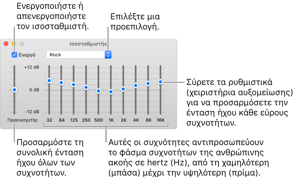 Το παράθυρο ισοσταθμιστή: Το πλαίσιο επιλογής για την ενεργοποίηση του ισοσταθμιστή Μουσικής βρίσκεται στην πάνω αριστερή γωνία. Δίπλα σε αυτό βρίσκεται το αναδυόμενο μενού με τις προεπιλογές ισοσταθμιστή. Στην τέρμα αριστερή πλευρά, προσαρμόστε τη γενική ένταση ήχου των συχνοτήτων με τον προενισχυτή. Κάτω από τις προεπιλογές ισοσταθμιστή, προσαρμόστε το επίπεδο έντασης ήχου των διαφορετικών ευρών συχνοτήτων που αντιπροσωπεύουν το εύρος της ανθρώπινης ακοής από το χαμηλότερο στο υψηλότερο.