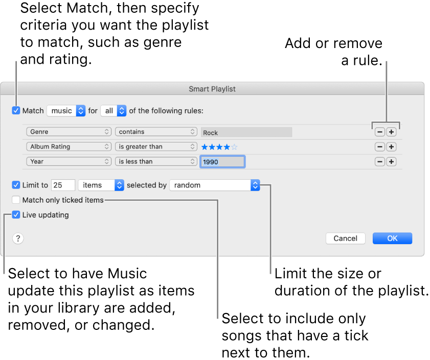 The Smart Playlist window: In the top-left corner, select Match, then specify the playlist criteria (such as genre or rating). Continue to add or remove rules by clicking the Add or Remove button in the top-right corner. Select various options in the lower portion of the window such as limiting the size or duration of the playlist, including only songs that are ticked or having Music update the playlist as items in your library change.