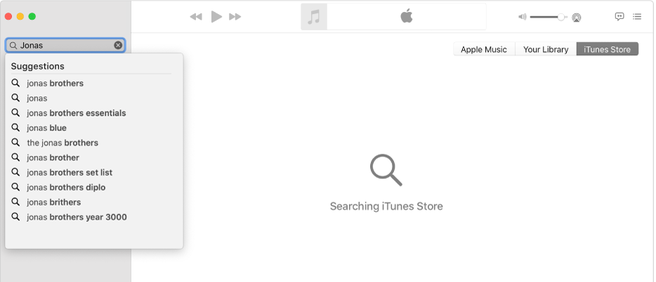 The Music window showing iTunes Store selected in the top-right corner, and “Jonas” entered in the search field in the top-left corner. Suggested iTunes Store results for “Jonas” are displayed in the list below the search field.