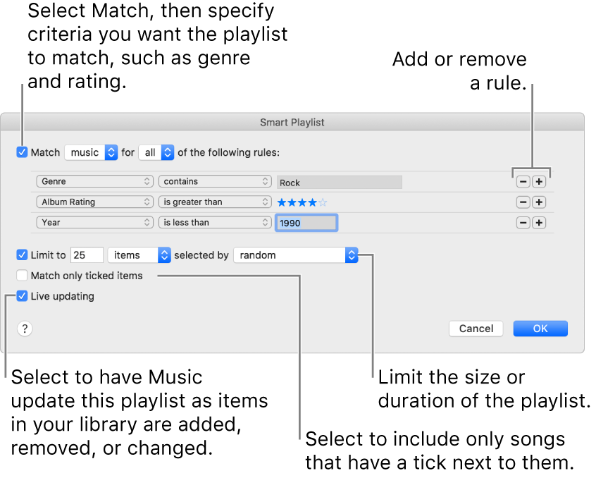 The Smart Playlist window: In the top-left corner, select Match, then specify the playlist criteria (such as genre or rating). Continue to add or remove rules by clicking the Add or Remove button in the top-right corner. Select various options in the lower portion of the window such as limiting the size or duration of the playlist, including only songs that are ticked or having Music update the playlist as items in your library change.
