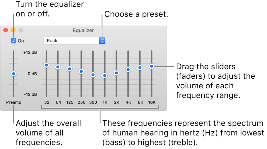 The Equalizer window: The checkbox to turn on the Music equalizer is in the top-left corner. Next to it is the pop-up menu with the equalizer presets. On the far left side, adjust the overall volume of frequencies with the preamp. Below the equalizer presets, adjust the sound level of different frequency ranges, which represent the spectrum of human hearing from lowest to highest.