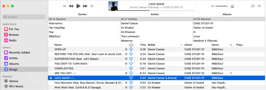 The main Music window: The column browser is to the right of the sidebar and above the list of songs.