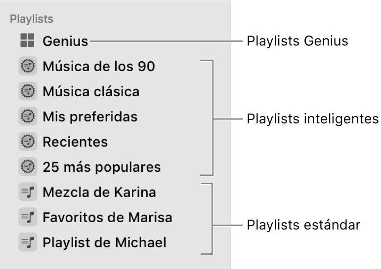 La barra lateral de Música, mostrando los diversos tipos de playlists: Playlists estándar, inteligentes y Genius.