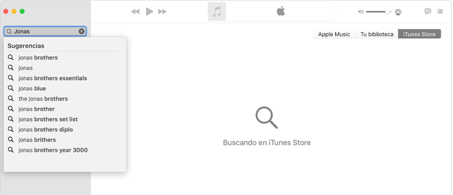 La ventana de Música mostrando iTunes Store seleccionado en la esquina superior derecha, y "Jonas" escrito en el campo de búsqueda en la esquina superior izquierda. Los resultados sugeridos de iTunes Store para "Jonas" se muestran en la lista debajo del campo de búsqueda.