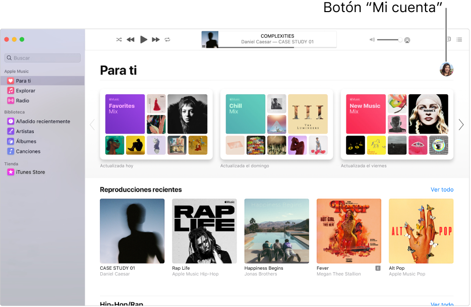 La ventana de Apple Music donde se muestra “Para ti”. El botón “Mi cuenta” (que se muestra como una foto o monograma) está en la esquina superior derecha de la ventana.