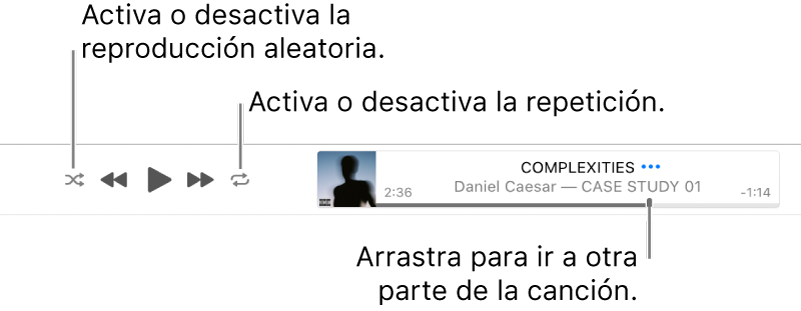 La tira con una canción en reproducción. El botón Aleatorio está en la esquina superior izquierda; el botón Repetir está en la esquina superior derecha. Arrastra la barra de arrastre para ir a una parte diferente de la canción.