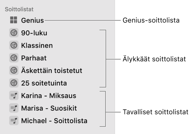 Musiikki-sivupalkissa näkyy erityyppisiä soittolistoja: Genius-soittolistoja sekä älykkäitä ja tavallisia soittolistoja.