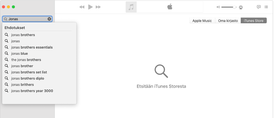 Musiikki-apin ikkunassa näkyy iTunes Store valittuna oikeassa yläkulmassa ja teksti ”Jonas” hakukentässä vasemmassa yläkulmassa. Luettelossa hakukentän alapuolella näkyvät ehdotetut iTunes Store ‑tulokset haulle ”Jonas”.