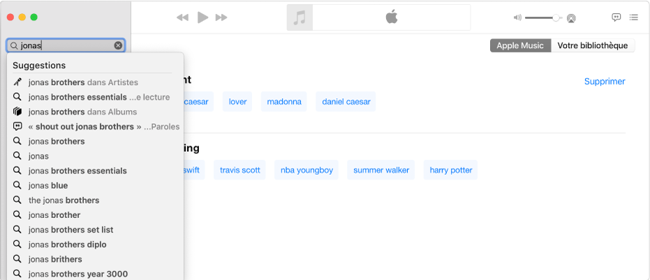L’écran de Musique qui affiche Apple Music sélectionné dans le coin supérieur droit avec « Jonas » inscrit dans le champ de recherche dans le coin supérieur gauche. Les résultats Apple Music suggérés pour « Jonas » sont affichés dans la liste sous le champ de recherche.
