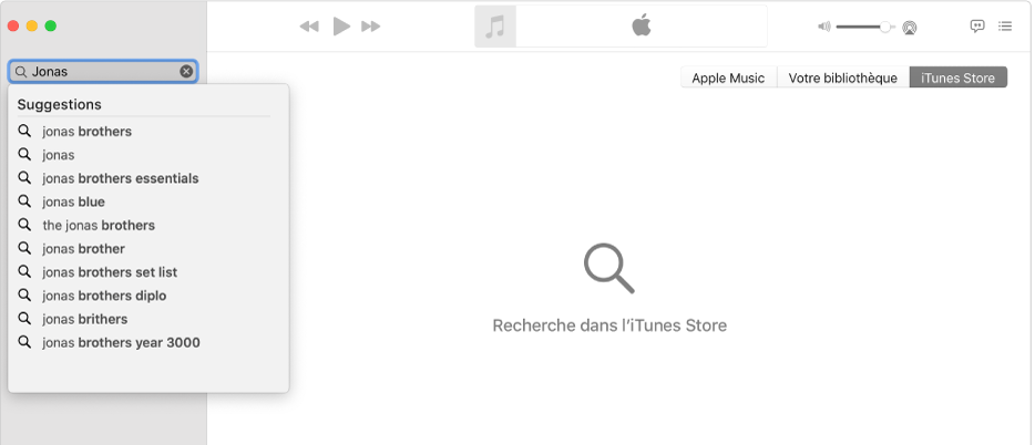 La fenêtre de Musique qui affiche iTunes Store sélectionné dans le coin supérieur droit avec « Jonas » inscrit dans le champ de recherche dans le coin supérieur gauche. Les résultats iTunes Store suggérés pour « Jonas » sont affichés dans la liste sous le champ de recherche.