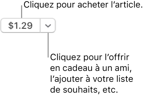 Un bouton affichant un prix. Cliquez sur le prix pour acheter l’élément. Cliquez sur la flèche en regard du prix pour offrir l’élément à un ami, l’ajouter à votre liste de souhaits et effectuer d’autres actions.